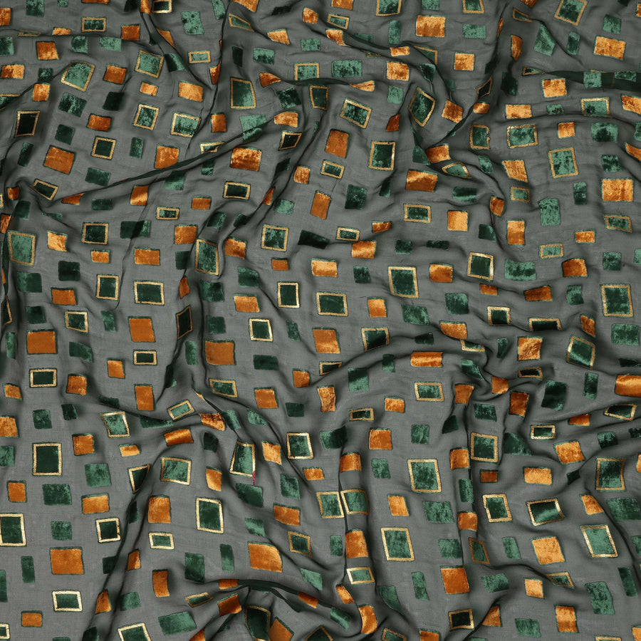 Green and Copper Geometric Square Printed Synthetic Burnout Chiffon Velvet Fabric 140 Cms Width India-D28172