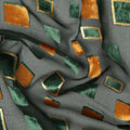 Green and Copper Geometric Square Printed Synthetic Burnout Chiffon Velvet Fabric 140 Cms Width India-D28172