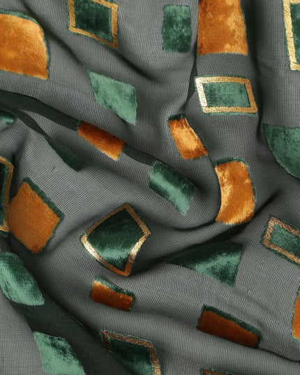 Green and Copper Geometric Square Printed Synthetic Burnout Chiffon Velvet Fabric 140 Cms Width India-D28172