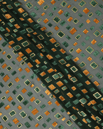 Green and Copper Geometric Square Printed Synthetic Burnout Chiffon Velvet Fabric 140 Cms Width India-D28172