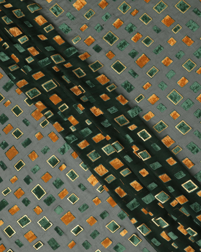 Green and Copper Geometric Square Printed Synthetic Burnout Chiffon Velvet Fabric 140 Cms Width India-D28172
