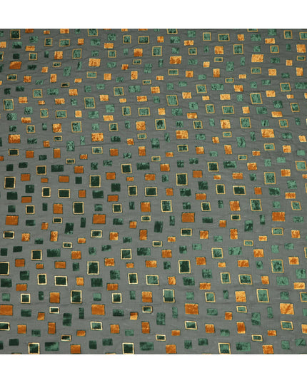 Green and Copper Geometric Square Printed Synthetic Burnout Chiffon Velvet Fabric 140 Cms Width India-D28172