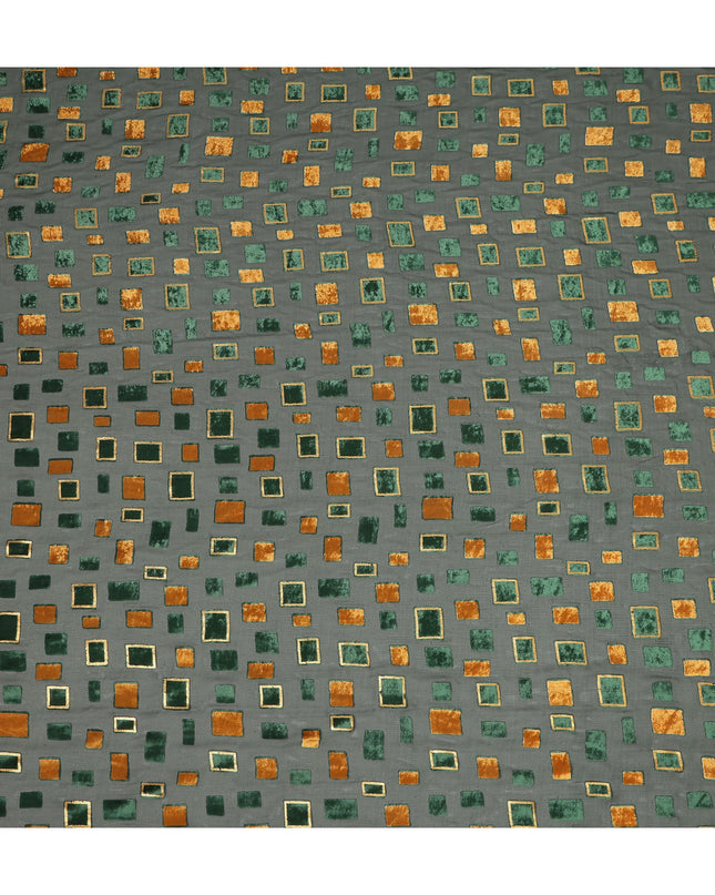Green and Copper Geometric Square Printed Synthetic Burnout Chiffon Velvet Fabric 140 Cms Width India-D28172
