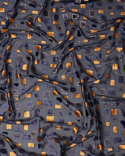 Grey and Navy Blue Geometric Square Printed Synthetic Burnout Chiffon Velvet Fabric 140 Cms Width India-D28174