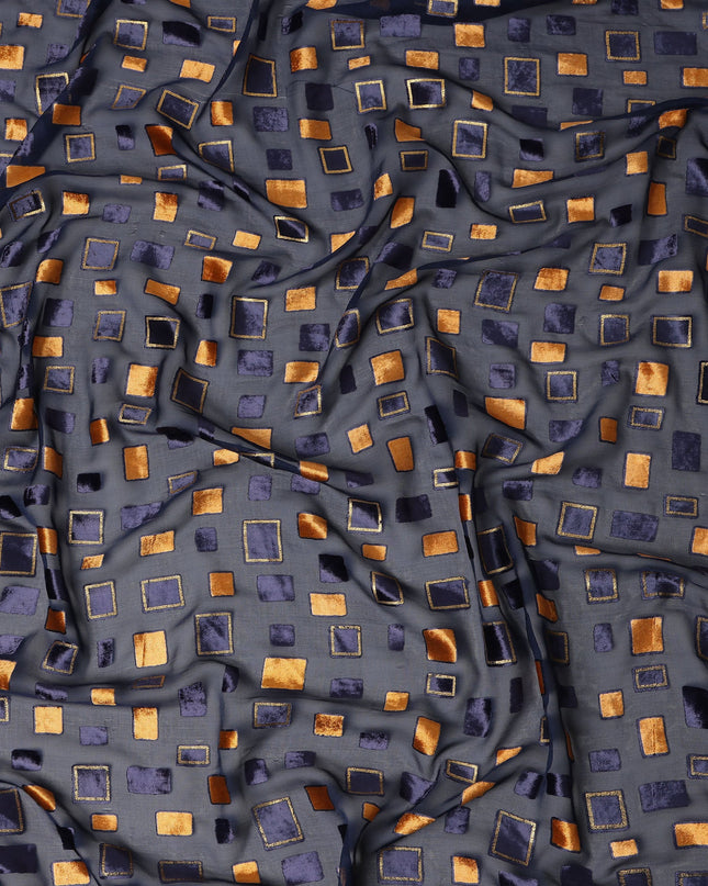 Grey and Navy Blue Geometric Square Printed Synthetic Burnout Chiffon Velvet Fabric 140 Cms Width India-D28174