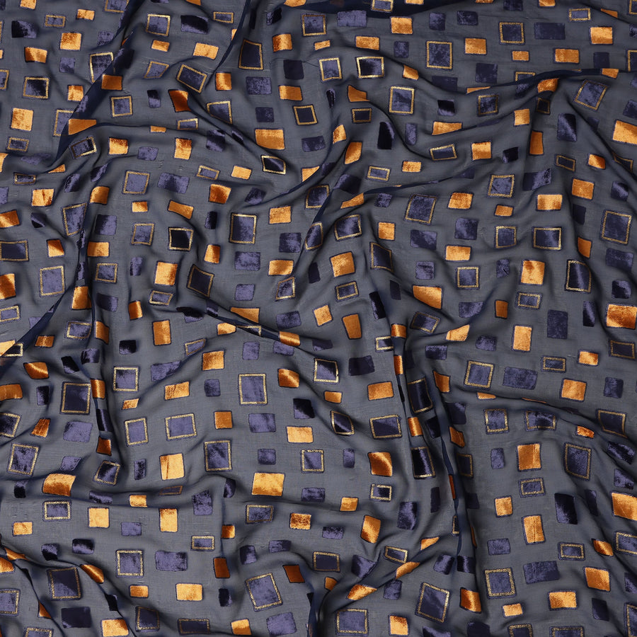 Grey and Navy Blue Geometric Square Printed Synthetic Burnout Chiffon Velvet Fabric 140 Cms Width India-D28174