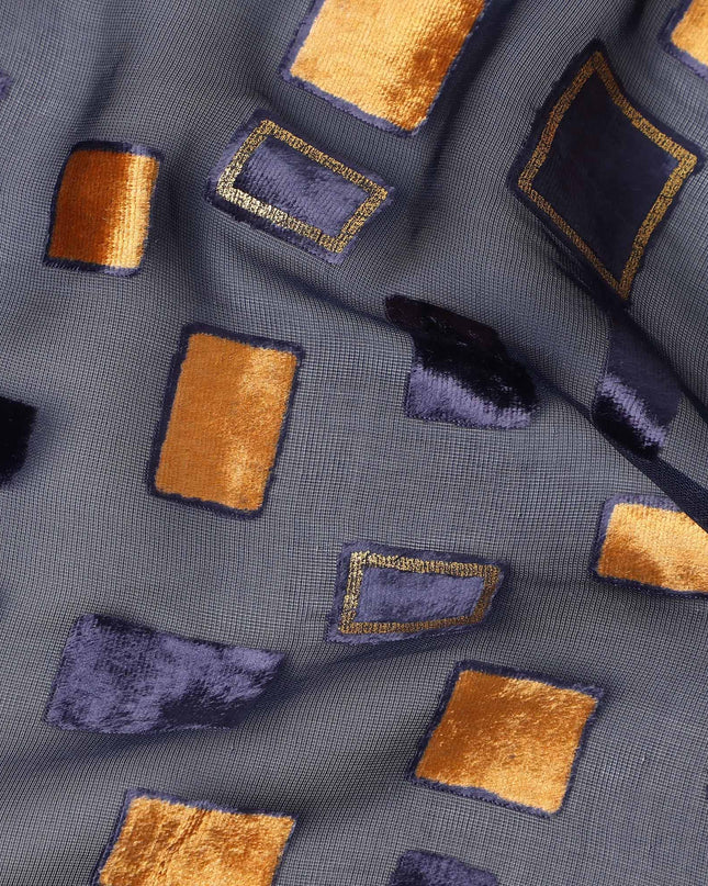 Grey and Navy Blue Geometric Square Printed Synthetic Burnout Chiffon Velvet Fabric 140 Cms Width India-D28174