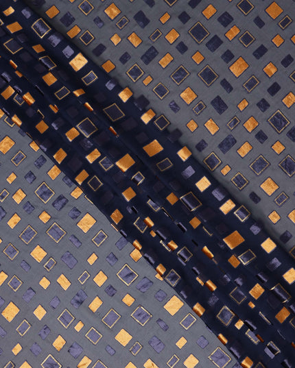 Grey and Navy Blue Geometric Square Printed Synthetic Burnout Chiffon Velvet Fabric 140 Cms Width India-D28174