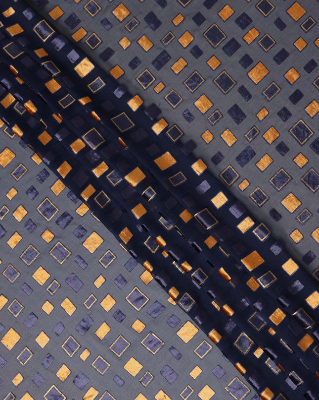 Grey and Navy Blue Geometric Square Printed Synthetic Burnout Chiffon Velvet Fabric 140 Cms Width India-D28174