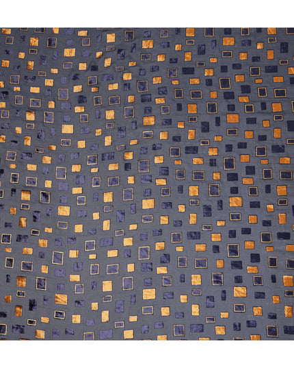 Grey and Navy Blue Geometric Square Printed Synthetic Burnout Chiffon Velvet Fabric 140 Cms Width India-D28174