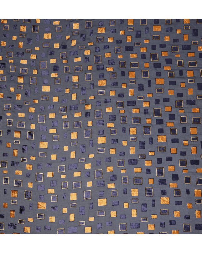 Grey and Navy Blue Geometric Square Printed Synthetic Burnout Chiffon Velvet Fabric 140 Cms Width India-D28174