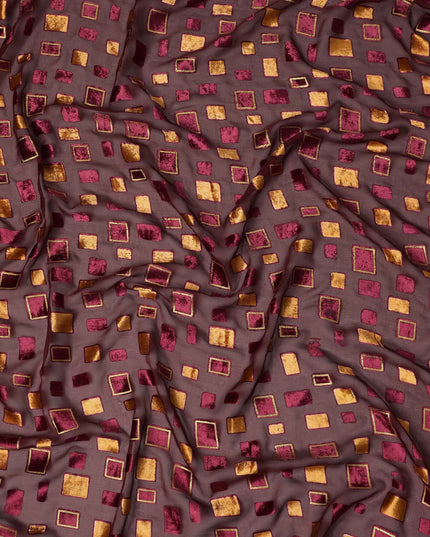 Brown and Maroon Geometric Square Printed Synthetic Burnout Chiffon Velvet Fabric 140 Cms Width India-D28173
