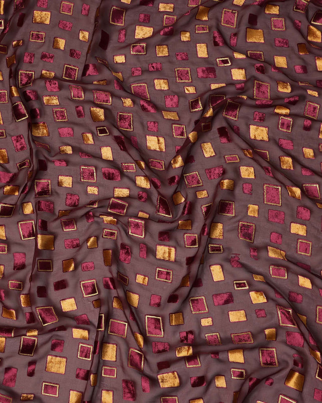 Brown and Maroon Geometric Square Printed Synthetic Burnout Chiffon Velvet Fabric 140 Cms Width India-D28173
