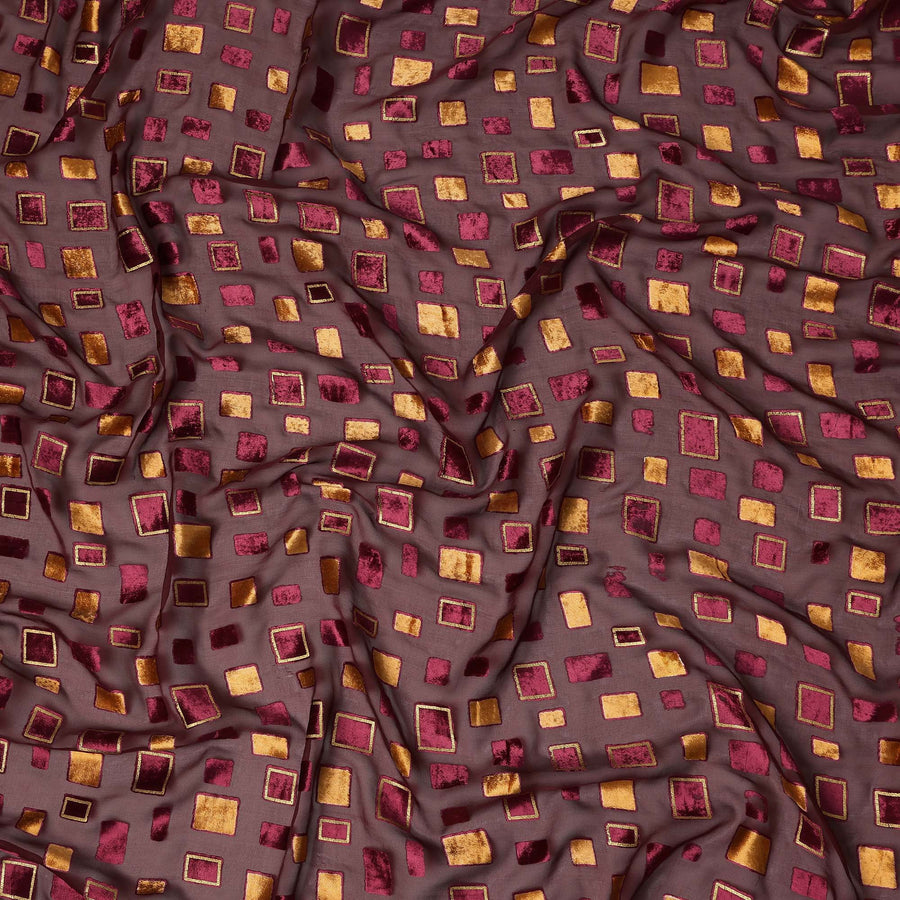 Brown and Maroon Geometric Square Printed Synthetic Burnout Chiffon Velvet Fabric 140 Cms Width India-D28173