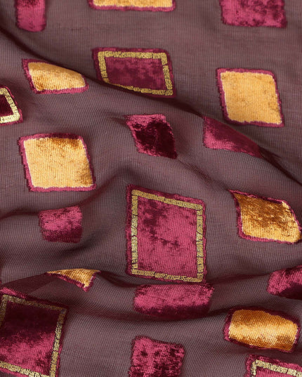 Brown and Maroon Geometric Square Printed Synthetic Burnout Chiffon Velvet Fabric 140 Cms Width India-D28173