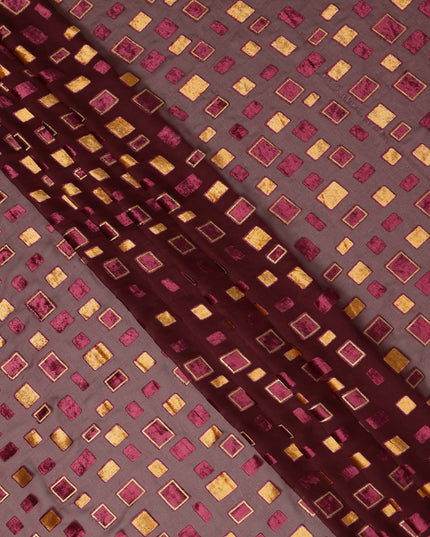 Brown and Maroon Geometric Square Printed Synthetic Burnout Chiffon Velvet Fabric 140 Cms Width India-D28173
