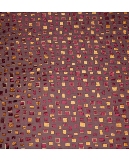 Brown and Maroon Geometric Square Printed Synthetic Burnout Chiffon Velvet Fabric 140 Cms Width India-D28173