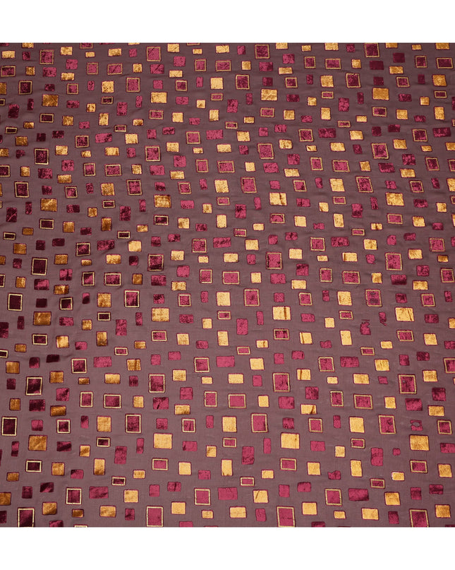 Brown and Maroon Geometric Square Printed Synthetic Burnout Chiffon Velvet Fabric 140 Cms Width India-D28173