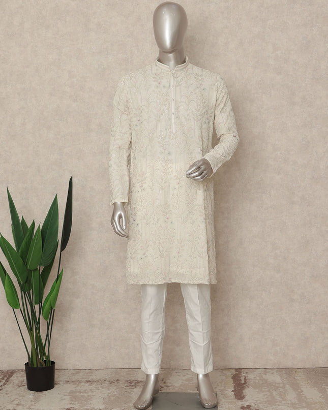 White Georgette Men's Kurta Pajama - D29326