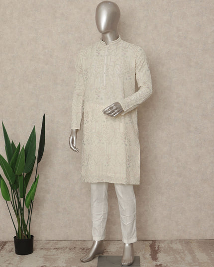White Georgette Men's Kurta Pajama - D29326