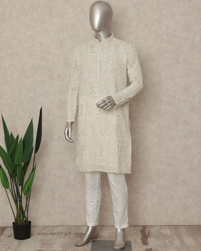 White Georgette Men's Kurta Pajama - D29326