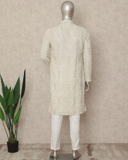 White Georgette Men's Kurta Pajama - D29326