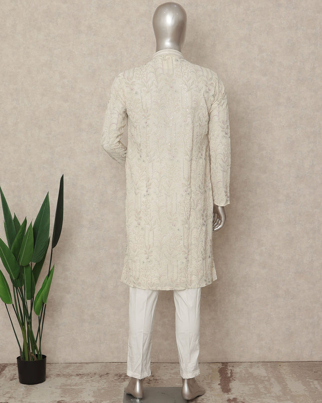 White Georgette Men's Kurta Pajama - D29326