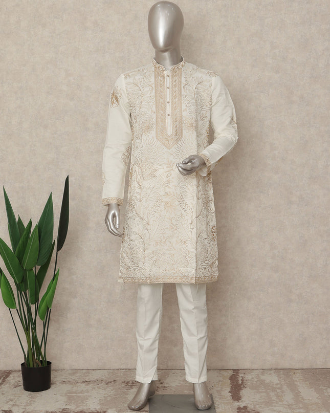 White Silk Men's Kurta Pajama - D29294