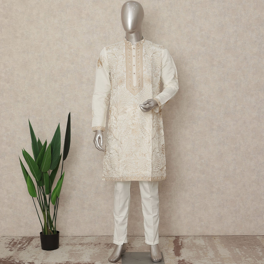 White Silk Men's Kurta Pajama - D29294