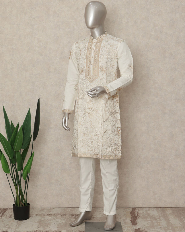 White Silk Men's Kurta Pajama - D29294