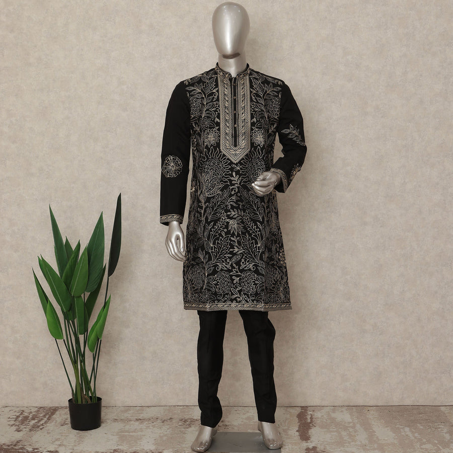 Black Silk Men's Kurta Pajama - D29293