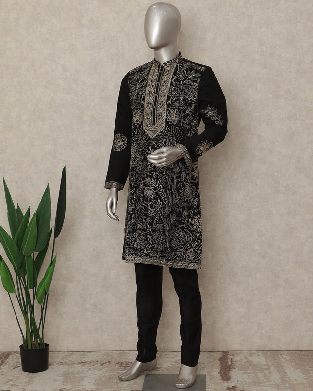 Black Silk Men's Kurta Pajama - D29293