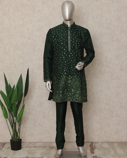 Bottle Green Sequin Kurta Pyjama Set for Men