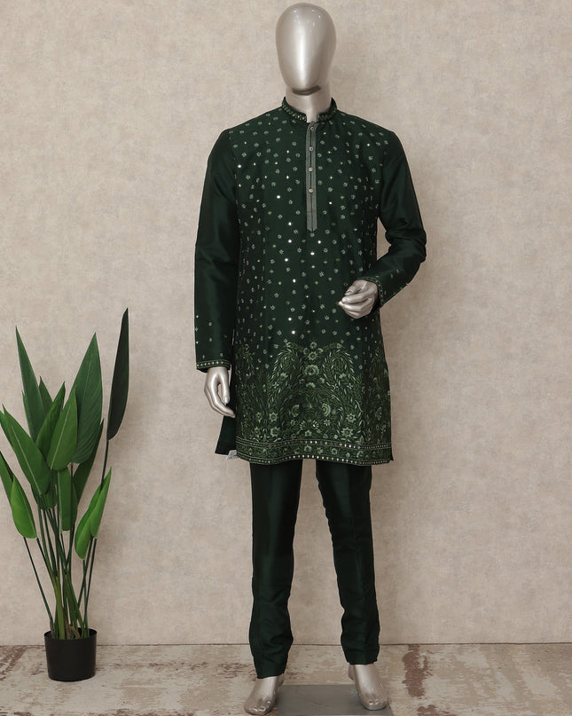 Bottle Green Sequin Kurta Pyjama Set for Men