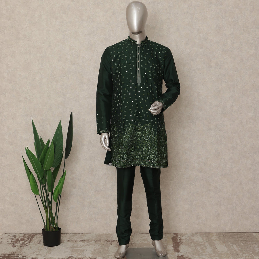 Bottle Green Sequin Kurta Pyjama Set for Men