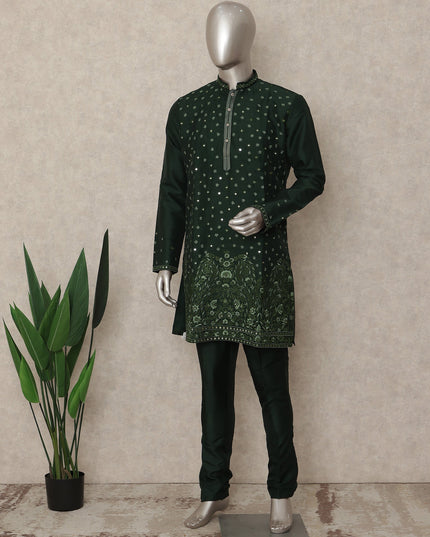 Bottle Green Sequin Kurta Pyjama Set for Men
