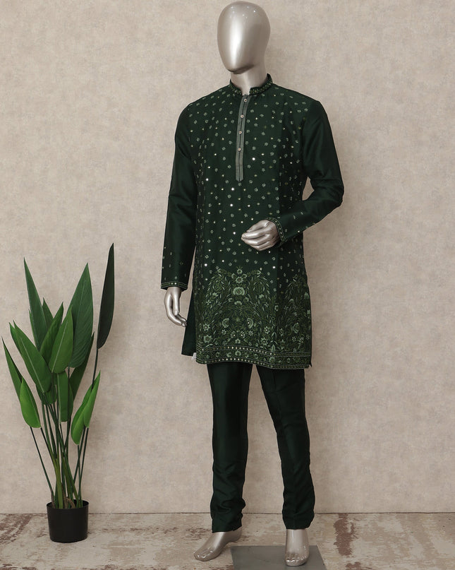 Bottle Green Sequin Kurta Pyjama Set for Men