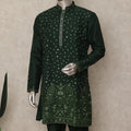 Bottle Green Sequin Kurta Pyjama Set for Men