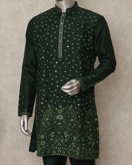Bottle Green Sequin Kurta Pyjama Set for Men