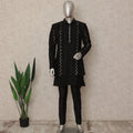 Jet Black Linen Sherwani Kurta Pyjama Set Men