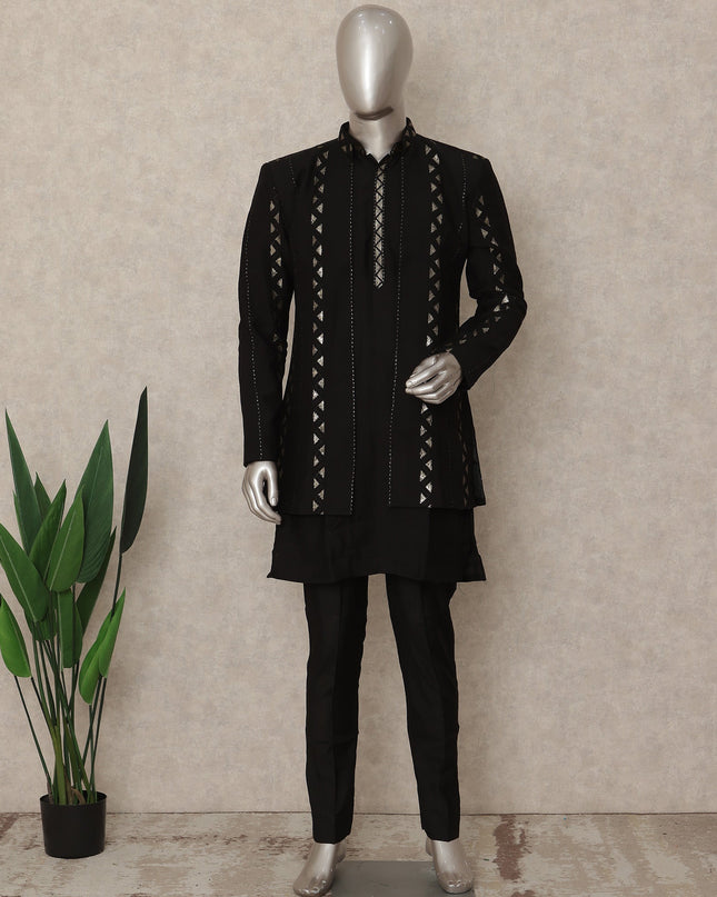 Jet Black Linen Sherwani Kurta Pyjama Set Men