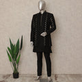 Jet Black Linen Sherwani Kurta Pyjama Set Men