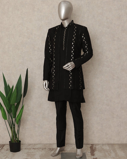 Jet Black Linen Sherwani Kurta Pyjama Set Men