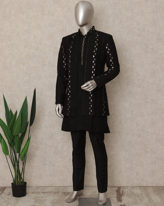 Jet Black Linen Sherwani Kurta Pyjama Set Men