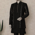 Jet Black Linen Sherwani Kurta Pyjama Set Men