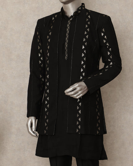Jet Black Linen Sherwani Kurta Pyjama Set Men