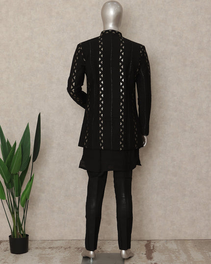 Jet Black Linen Sherwani Kurta Pyjama Set Men
