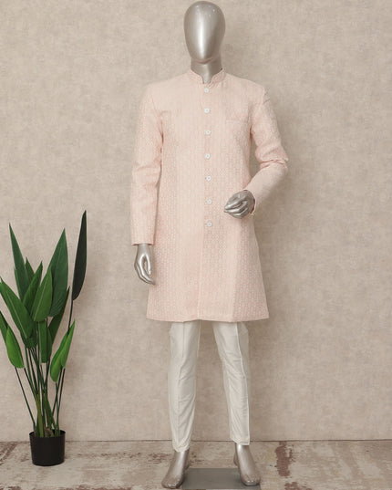 Pastel Pink Cotton Blend Long Kurta Set Men