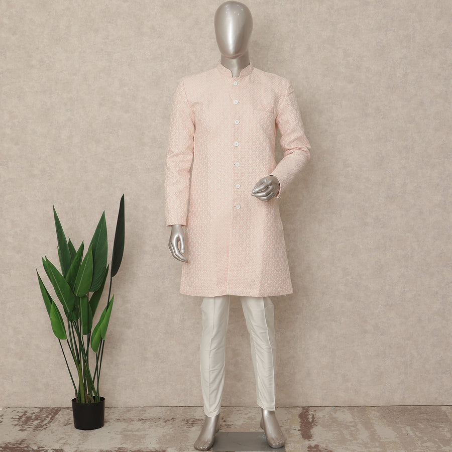 Pastel Pink Cotton Blend Long Kurta Set Men