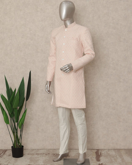 Pastel Pink Cotton Blend Long Kurta Set Men